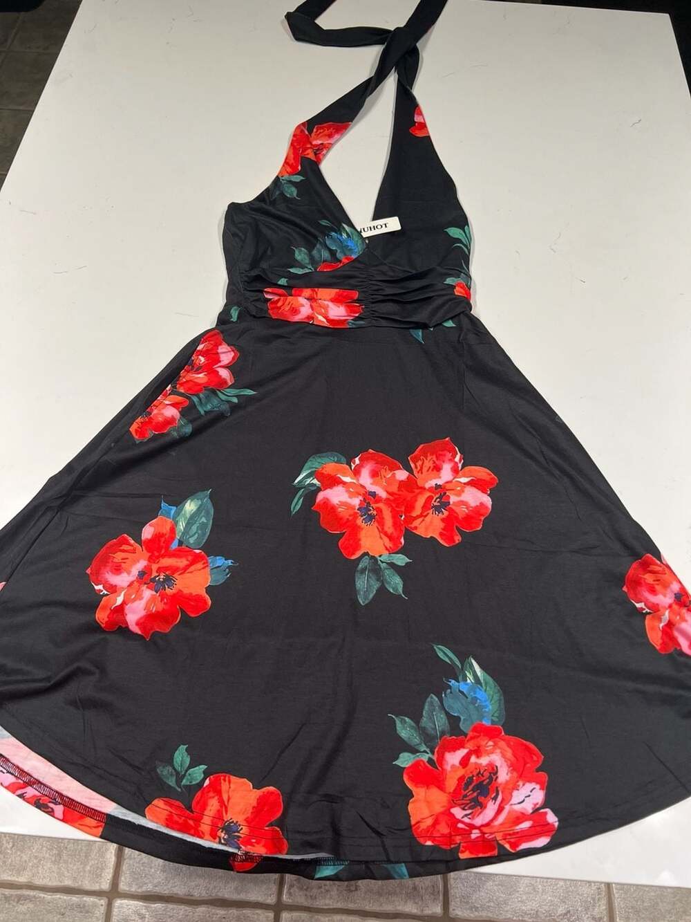 HUHOT Black & Red Floral Halter Neck Ruched Mini Dress Size S pockets